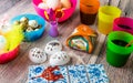 Colored Easter eggs table decoration Royalty Free Stock Photo
