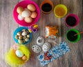 Colored Easter eggs table decoration Royalty Free Stock Photo