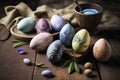 Colored Easter Eggs Wooden Table. Generative AI Royalty Free Stock Photo