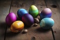 Colored Easter Eggs Wooden Table. Generative AI Royalty Free Stock Photo