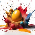 A colored egg falls into a pile of paint.