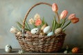 colored eggs in basket on a grey background with tulips, light teal and white, the snapshot aesthetic Royalty Free Stock Photo