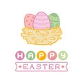 Colored eggs in a basket on a white background with lettering Happy Easter