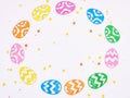 Colored eggs composition flat lay on white background, close up Royalty Free Stock Photo