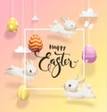 Colored eggs hanging on threads, cute little rabbits jumping around, square border and Happy Easter handwritten wish