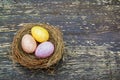 Colored eggs in nest on wooden background. Easter, Spring holidays