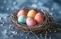 Colored eggs nestle in a cozy nest, easter nests picture