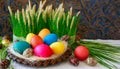 Colored eggs, wheat springs on Nowruz holiday. Selective focus Royalty Free Stock Photo