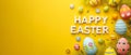 Colored eggs on yellow. Happy Easter Card