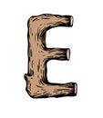 Colored engraving Letter E made of wood with leaves on the white background