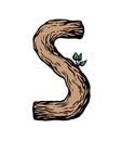 Colored engraving Letter S made of wood with leaves on the white background