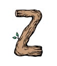 Colored engraving Letter Z made of wood with leaves on the white background