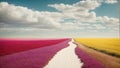 Colored fields separated by a white trail. Generative AI