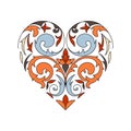 Colored figured heart. Abstract floral pattern, curly design element in oriental style