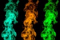 Colored fire on black background. Flaming patterns and abstract smoke. Concept, project