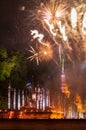 Colored fireworks with Sukhothai old temple at night