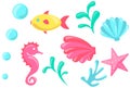 Colored fish, seashell, bubbles, corals, algae, starfish and sea horse on white background Royalty Free Stock Photo