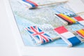 Colored flags of Europian countries on a map: France, Italy, England UK, Spain, Greece, travel destination planning concept Royalty Free Stock Photo