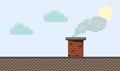 Colored flat background, vector design with shadow. Sky, clouds, sun and roof part with brick chimney pipe and smoke for Royalty Free Stock Photo