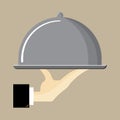 Colored flat icon, vector design. Waiter`s hand holding tray with Cloche cover Royalty Free Stock Photo