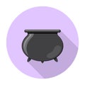 Colored flat round icon, vector design with shadow. Cartoon witches cauldron for illustration of magic, witchcraft, boiling