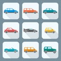 Colored flat style various body types of cars icons collection