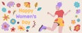 8th March Happy Women\'s Day banner wirh happy free woman jumping in air Royalty Free Stock Photo