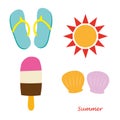 Colored flip flops, shells, sun and an ice cream on a white background