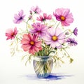 Realistic Watercolor Paintings Of Cosmos In A Vase