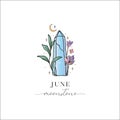 Colored Flowered Hand Painted Birthstones Gem Illustration. Healing Crystal. Juneâ Moonstone. Royalty Free Stock Photo