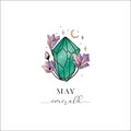 Colored Flowered Hand Painted Birthstones Gem Illustration. Healing Crystal. Mayâ Emerald. Royalty Free Stock Photo