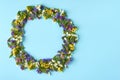 Colored flowers on blue background composition, circle shape. Flat lay Royalty Free Stock Photo