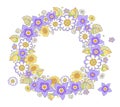 Colored flowers round congratulation frame, stylized drawing. Vector template