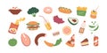 Colored food icons of healthy and fast food - vegetables, drinks, snacks, fruits, avocado, chips, burger, fries and cake