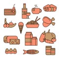 Colored food icons set. Stock vector. Isolated on white background.Meat, cake, fruits, vegetables, drinks,cheese.