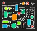 Colored frame and arrows, white outline, black background, vector.