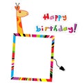 Colored frame with a cartoon giraffe, happy birthday card