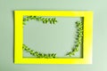 A colored frame decorated with green branches on a colored background of the copy space. Royalty Free Stock Photo