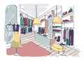 Colored freehand drawing of trendy clothing boutique interior with furnishings, showcases, mannequins dressed in