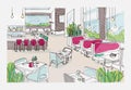 Colored freehand sketch of furnished interior of fancy restaurant or bistro. Colorful drawing of modern spacious cafe or