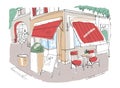 Colored freehand sketch of small sidewalk cafe or restaurant with table decorated with potted plant and chairs standing on city st Royalty Free Stock Photo