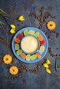 Colored fruit marmalades on a blue plate, a cup of coffee, cookies and yellow tulips on a dark background, top view Royalty Free Stock Photo