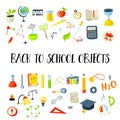 Colored Funny Back to School supplies, elements and objects. Autumn back to school supplies in funny doodle cartooning