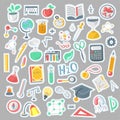 Colored Funny Back to School supplies, elements and objects. Autumn back to school supplies in funny doodle cartooning Royalty Free Stock Photo