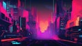 Colored futuristic neon lighting background in cyberpunk style with city view and sunset on the background