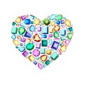 Colored gems of different cut. Heart of gems. Royalty Free Stock Photo