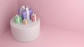 Colored gift boxes tied with white ribbons on a white cylinder in the corner of the pink room Royalty Free Stock Photo