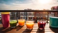 Colored glasses, jars of fruit juice and plates with healthy snacks located on the balcony, healthy eating concept,