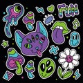 Colored group of groovy emotes and icons Abstract cat Vector Royalty Free Stock Photo