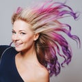 Colored hairs. Portrait of smiling women with flying hairs. Ombre. Gradient